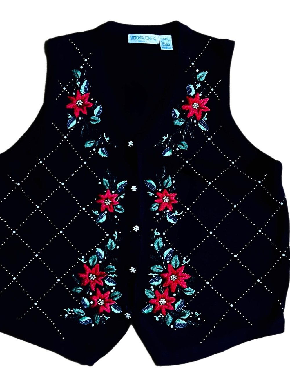 Victoria Jones ~ 1 X-Large ~ Black W/Red Floral Embroidery Beaded ~ Sweater Vest